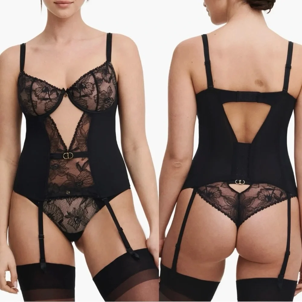NEW $195 Chantelle [ 36DD US ] Orchids Underwire Bustier with Garter Straps